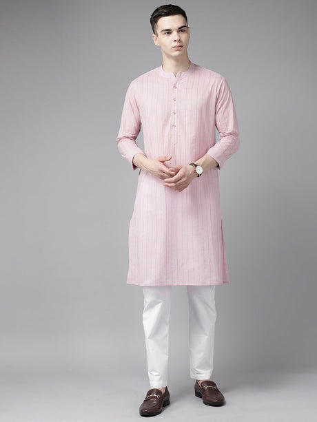 Buy Men's Pink Pure Cotton Printed Kurta Pajama Set Online - Back