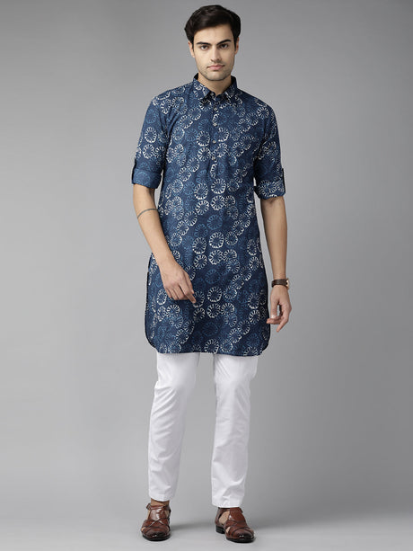 Buy Men's Indigo Pure Cotton Printed Pathani Set Online - Back