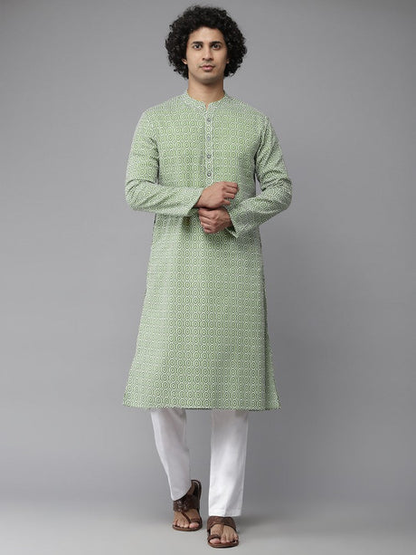 Buy Men's Green Pure Cotton Printed Kurta Pajama Set Online - Back