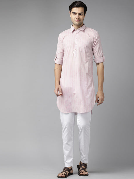 Buy Men's Baby Pink Pure Cotton Striped Printed Pathani Set Online - Back