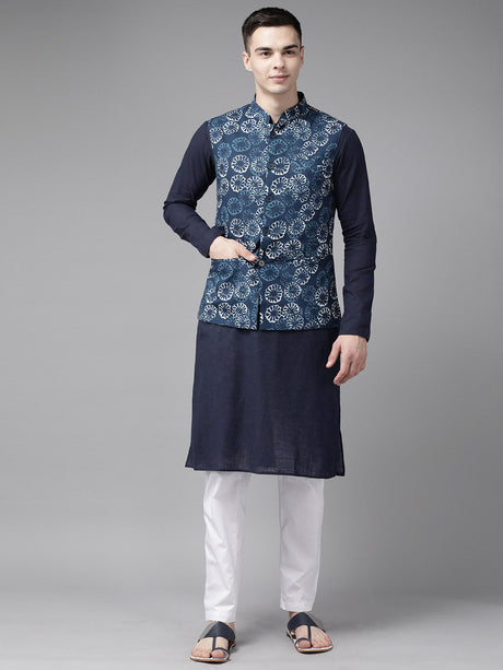 Buy Men's Blue Pure Cotton Printed Nehru Jacket Online - Back