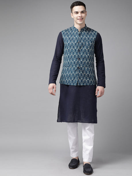 Buy Men's Navy Pure Cotton Printed Kurta Pajama Jacket Set Online