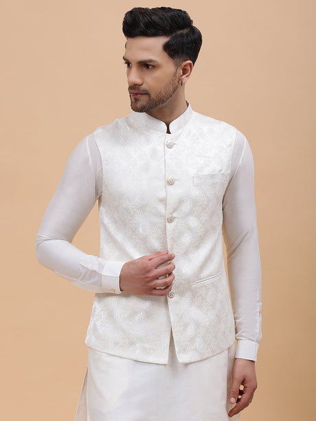 Buy Men's Off White Art Silk Jacquard Woven Design Nehru Jacket Online - Back