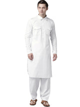 Buy Men's White Cotton Solid Pathani Set Online - Back