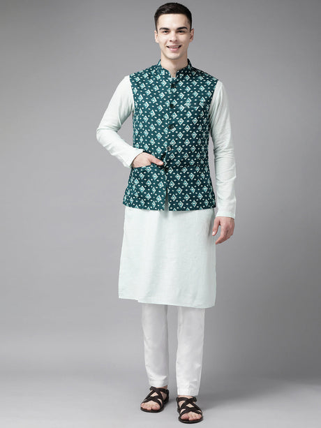 Buy Men's Teal Blue Pure Cotton Printed Nehru Jacket Online - Back