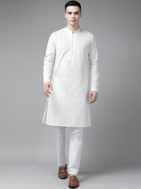 Buy Men's White Pure Cotton Chikankari Embroidered Kurta Pajama Set Online - Back