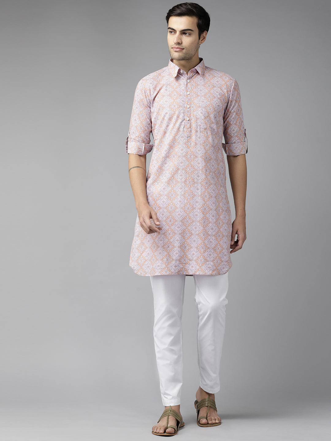 Buy Men's Beige Pure Cotton Printed Pathani Set Online - Back