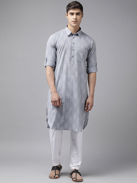 Buy Men's Light Grey Pure Cotton Chevron Printed Pathani Set Online - Back