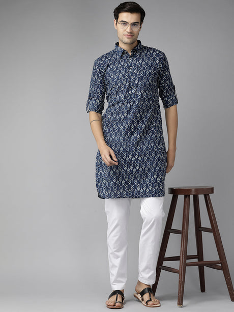 Buy Men's Indigo Pure Cotton Floral Printed Pathani Set Online