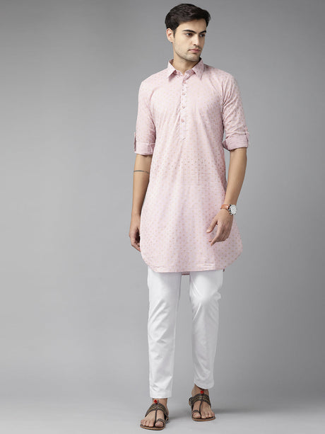 Buy Men's Baby Pink Pure Cotton Printed Pathani Set Online - Back