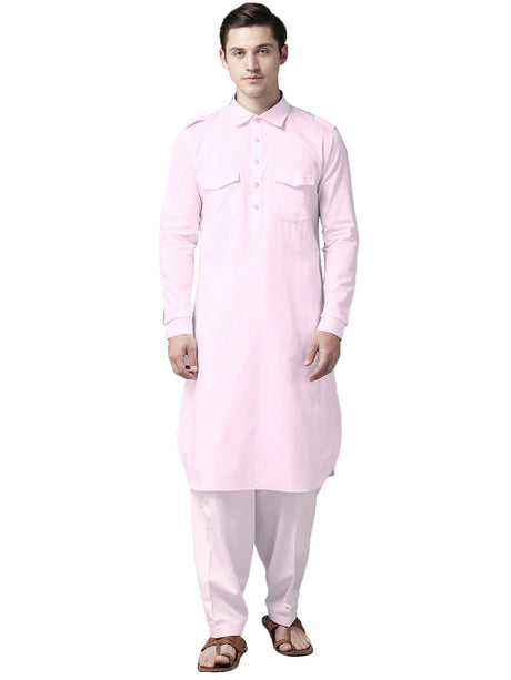 Buy Men's Pink Cotton Solid Pathani Set Online - Back