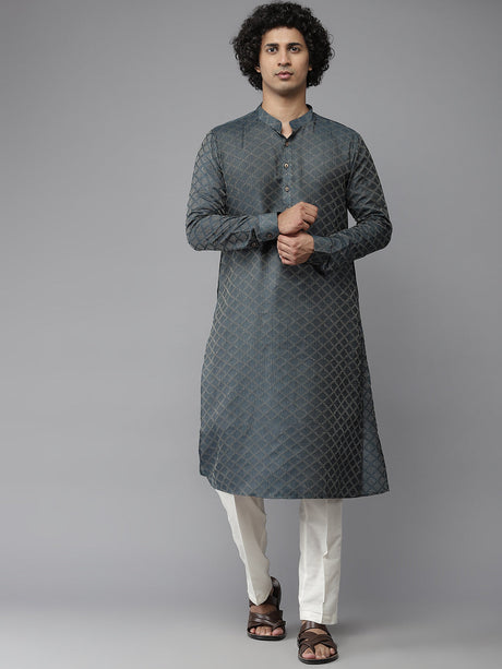 Buy Men's Green Pure Cotton Woven Design Kurta Pajama Set Online - Back