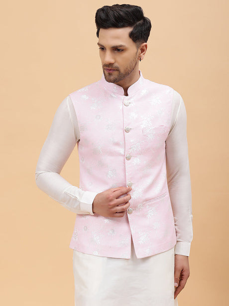 Buy Men's Pink Art Silk Jacquard Woven Design Nehru Jacket Online - Back