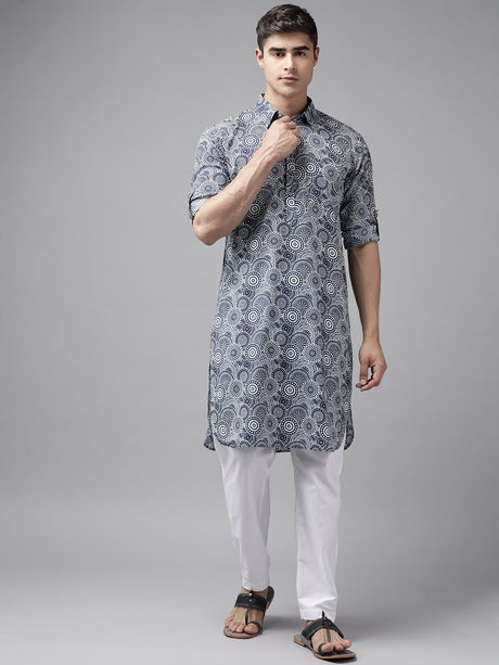 Buy Men's Blue Pure Cotton Abstract Printed Pathani Set Online