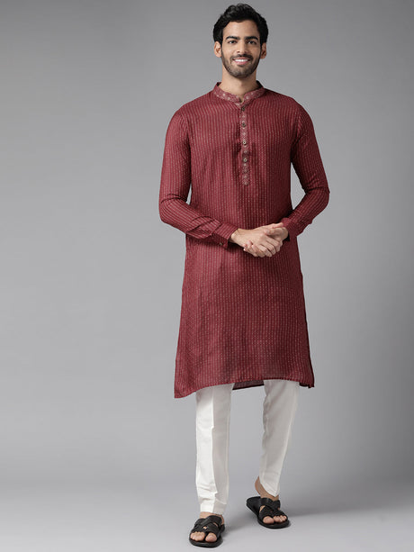 Buy Men's Maroon Art Silk Woven Design Kurta Pajama Set Online - Back
