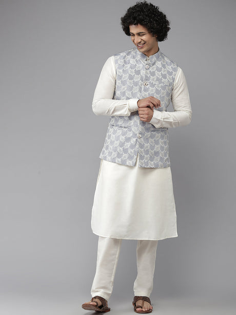 Buy Men's Sky Blue Art Silk Jacquard Woven Design Nehru Jacket Online - Front