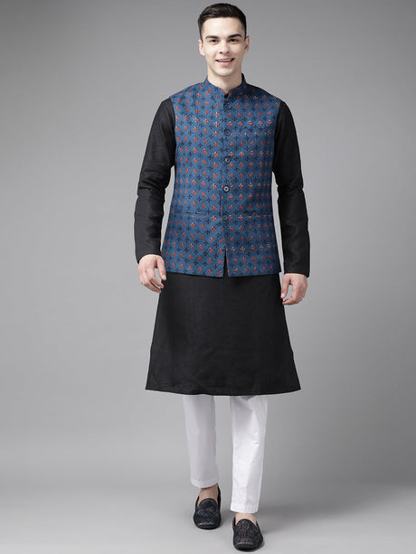 Buy Men's Black Pure Cotton Printed Kurta Pajama Jacket Set Online