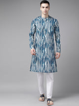 Buy Men's Blue Pure Cotton Printed Kurta Pajama Set Online - Side