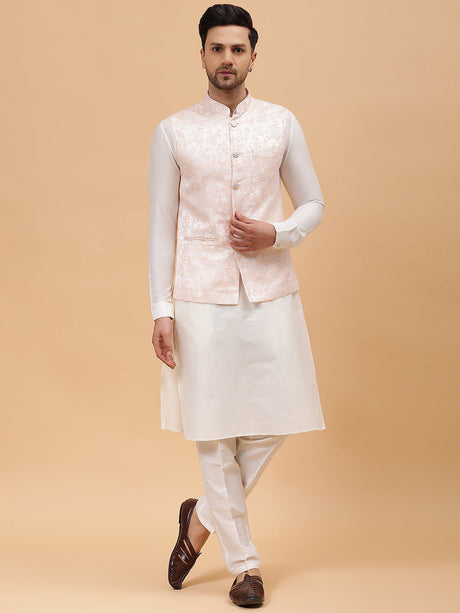 Buy Men's Peach Art Silk Jacquard Woven Design Nehru Jacket Online