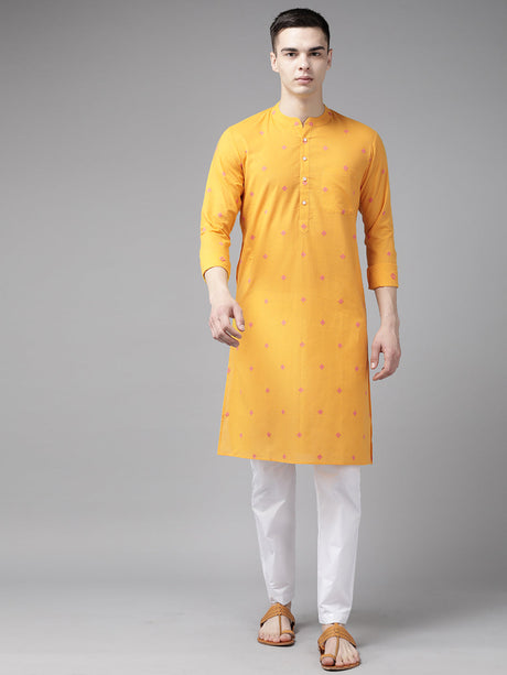Buy Men's Yellow Pure Cotton Woven Design Kurta Pajama Set Online - Back