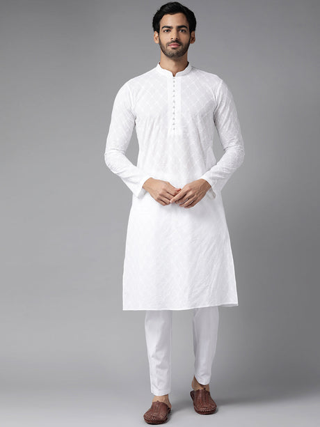 Buy Men's White Cotton Chikankari Embroidered Straight Kurta Online