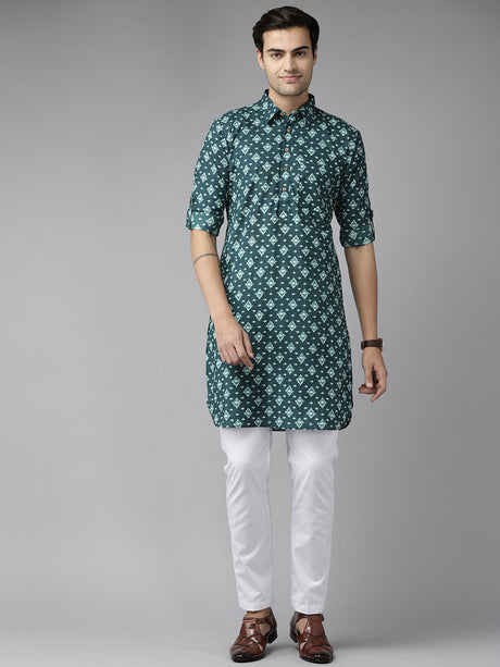 Buy Men's Teal Blue Pure Cotton Printed Pathani Set Online - Back