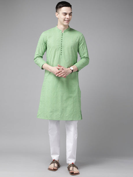 Buy Men's Green Pure Cotton Chikankari Embroidered Kurta Pajama Set Online - Back