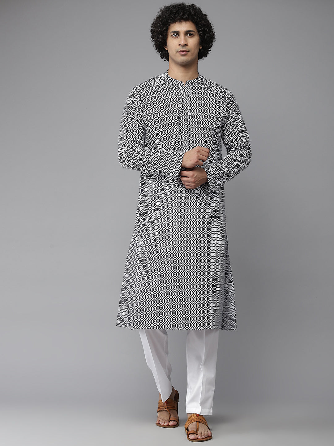Buy Men's Navy Blue Pure Cotton Printed Kurta Pajama Set Online - Front
