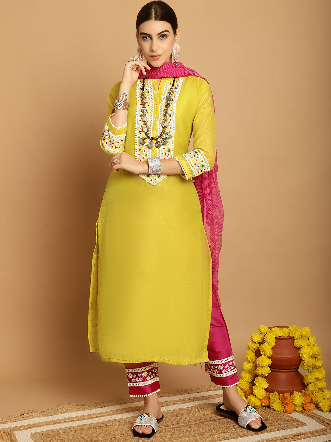 Yellow  Chanderi Printed Kurta Set