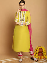 Yellow  Chanderi Printed Kurti Set