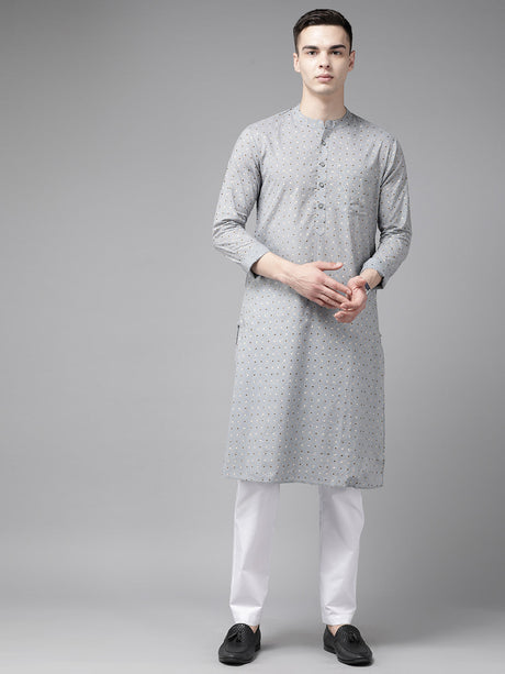 Buy Men's Grey Cotton Polka Dot Printed Straight Kurta Online