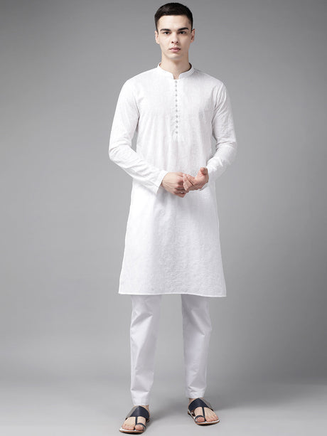 Buy Men's White Pure Cotton Chikankari Embroidered Kurta Pajama Set Online - Back