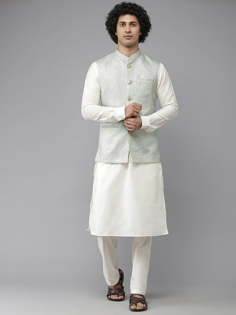 Buy Men's Aqua Blue Art Silk Jacquard Woven Design Nehru Jacket Online - Front