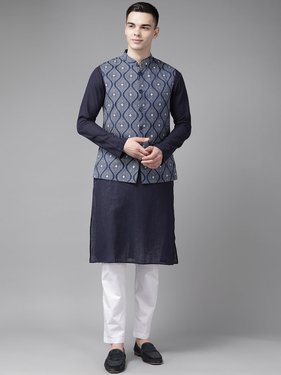 Buy Men's Navy Pure Cotton Printed Kurta Pajama Jacket Set Online - Zoom In