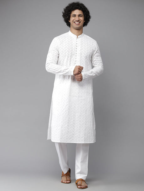 Buy Men's White Pure Cotton Chikankari Embroidered Kurta Pajama Set Online