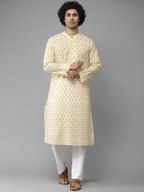 Buy Men's Yellow Cotton Floral Printed Straight Kurta Online