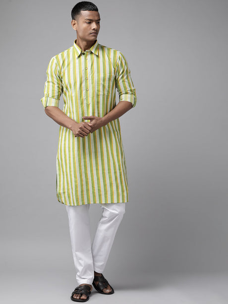 Buy Men's Lime Green Pure Cotton Stripe Printed Pathani Set Online - Back