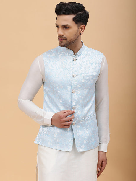 Buy Men's Turquoise Blue Art Silk Jacquard Woven Design Nehru Jacket Online - Back