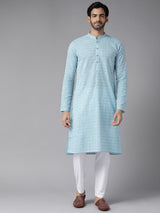 Buy Men's Blue Pure Cotton Printed Kurta Pajama Set Online - Back