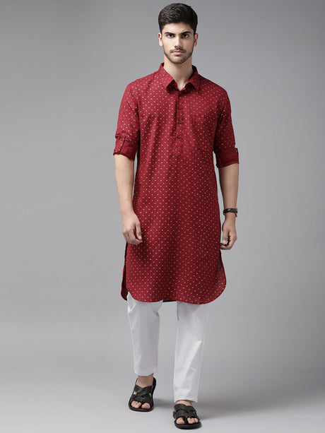 Buy Men's Maroon Pure Cotton Printed Pathani Set Online - Back