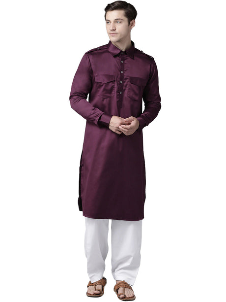 Buy Men's Purple Cotton Solid Pathani Set Online - Back