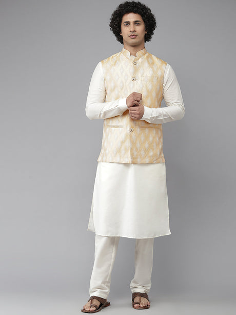 Buy Men's Off-White Silk Jacquard Woven Design Kurta Pajama Jacket Set Online - Side