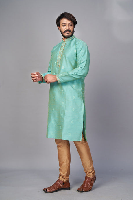 Buy Men's Pure Jacquard Silk Kurta Pajama in Teal Green