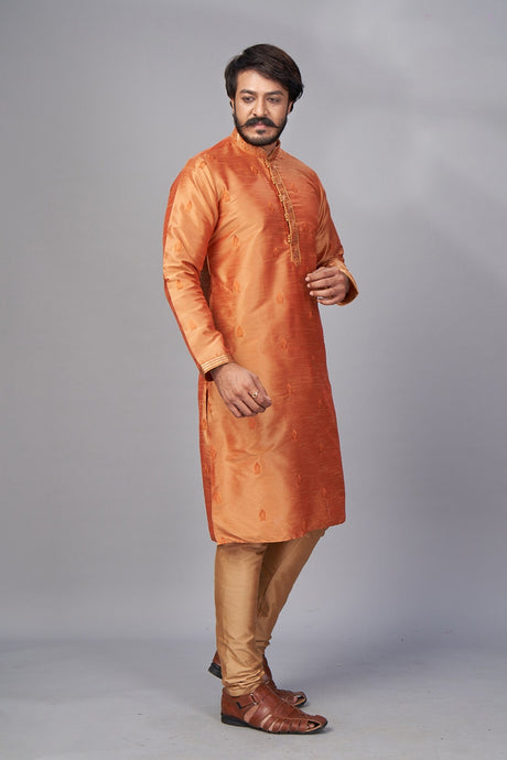 Buy Men's Pure Jacquard Silk Kurta Pajama in Orange