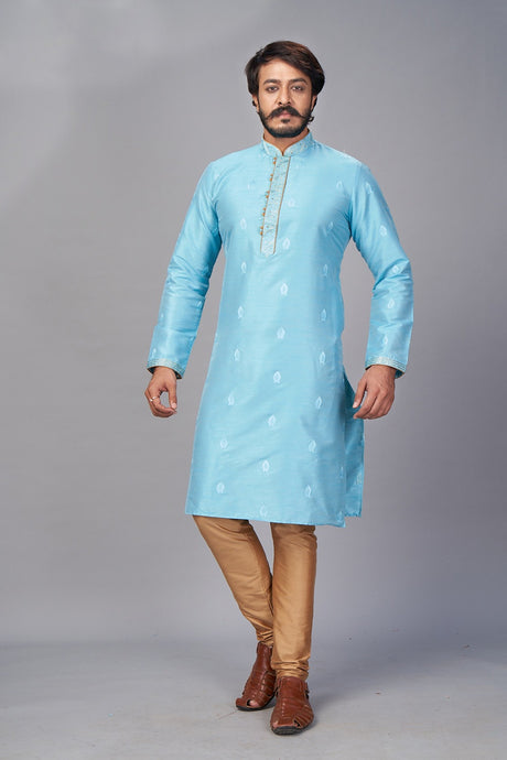 Buy Men's Pure Jacquard Silk Kurta Pajama in Sky Blue