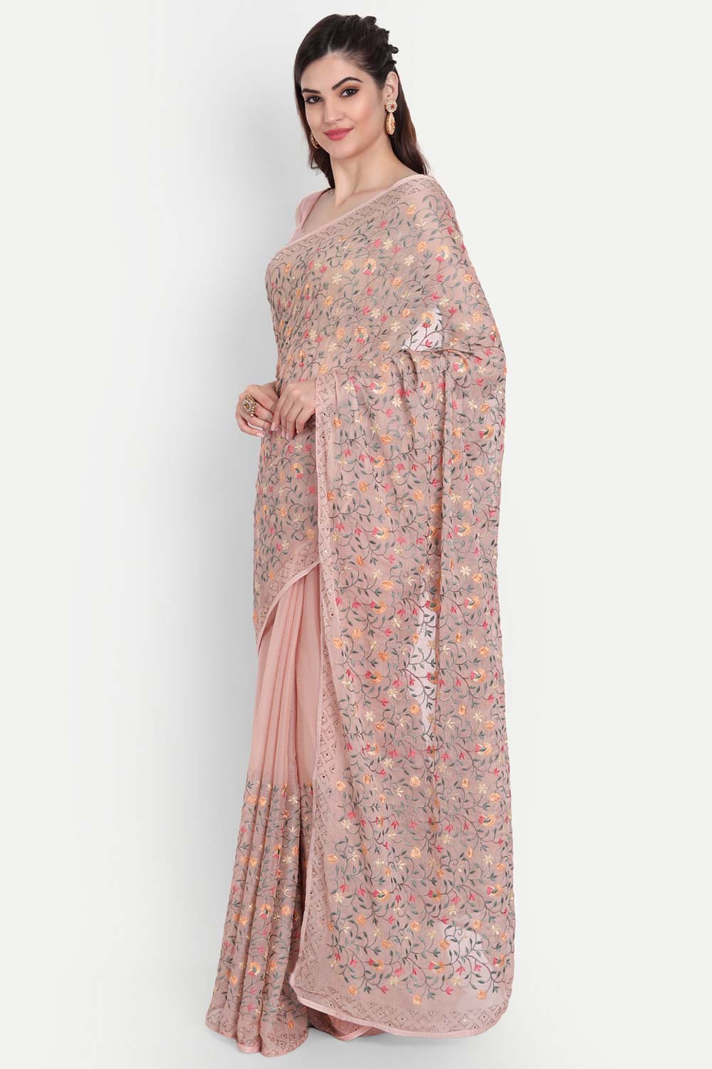 Pink Chiffon Multi Thread Embroidered Saree