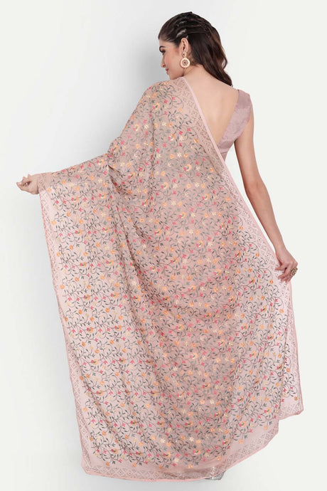 Pink Chiffon Multi Thread Embroidered Saree
