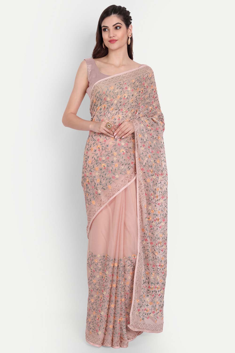 Pink Chiffon Multi Thread Embroidered Saree