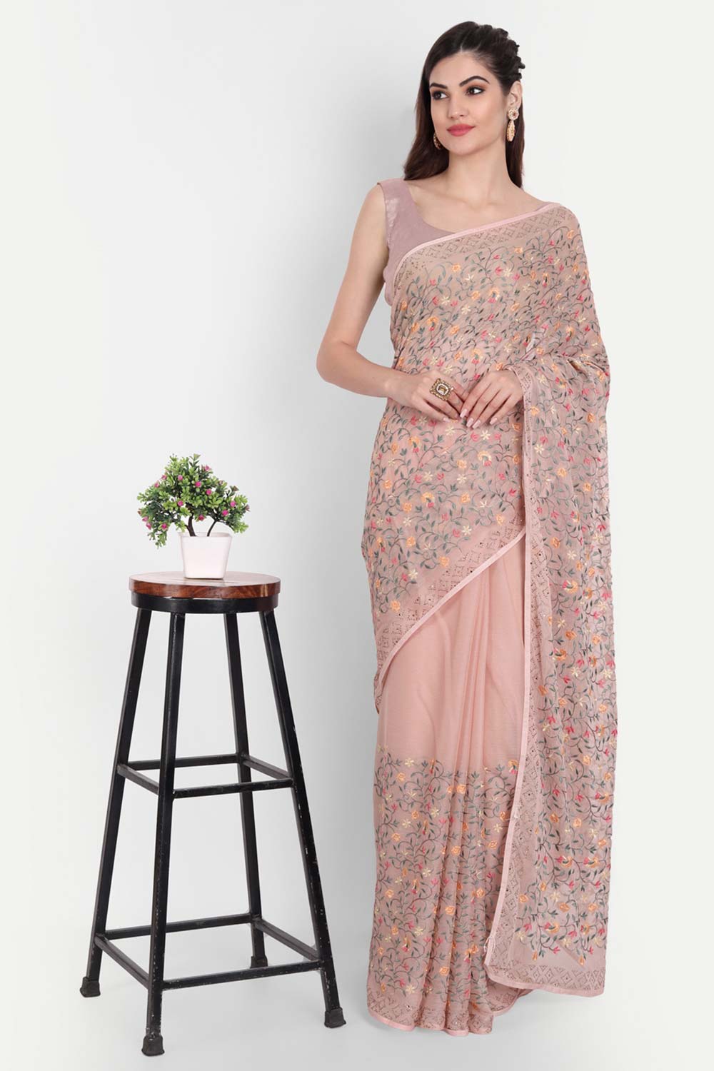 Pink Chiffon Multi Thread Embroidered Saree