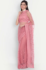 Pink Net Thread Embroidered Saree